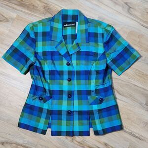 🔹️Sag Harbor Dress Blue & Green Checker Print Short Sleeve Blazer Size 8